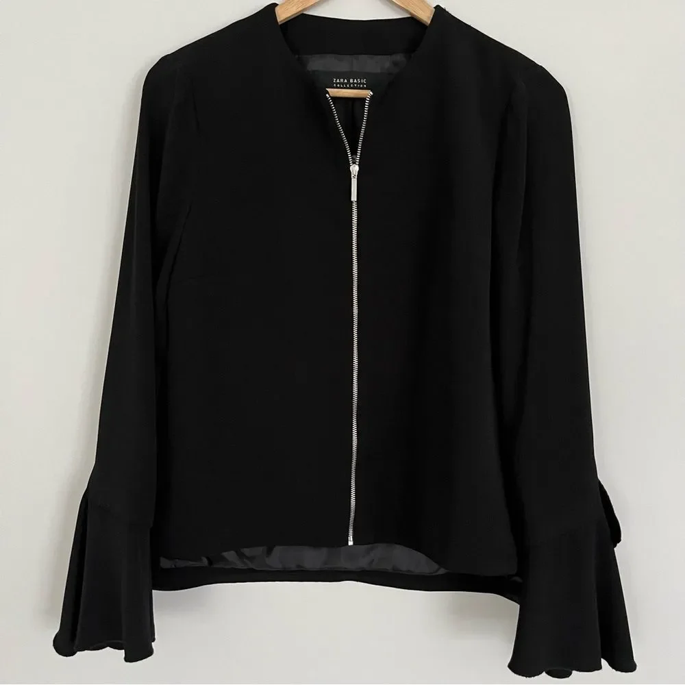 Zara Black Crepe Full Zip Ruffle Bell Sleeve Jacket, Size S NWOT